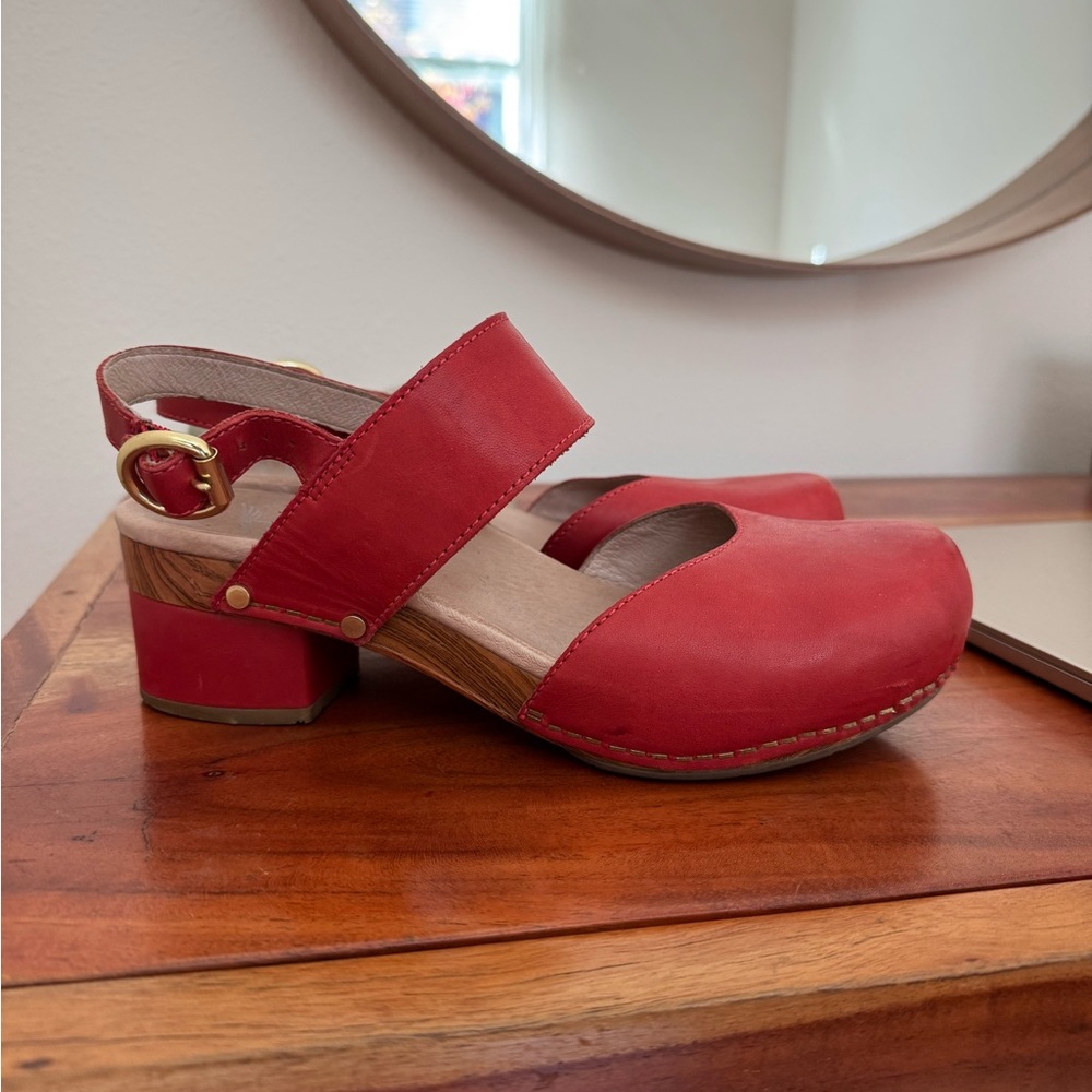 Dansko red soft leather Mary Jane heeled sandals